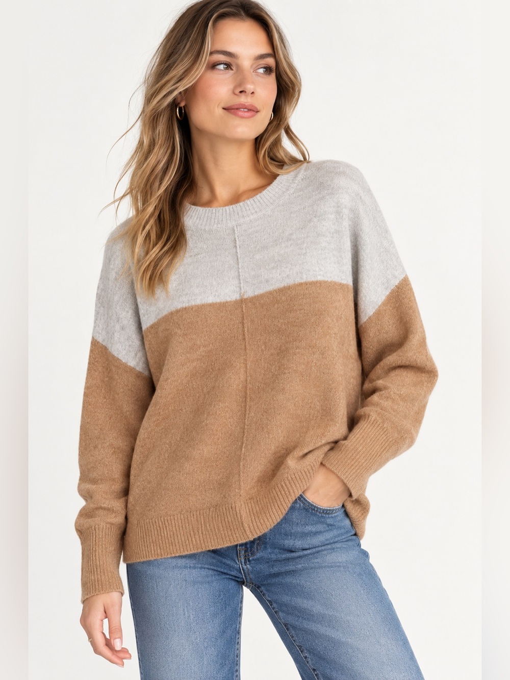 Vince Camuto Colorblock Oversized Sweater Camel Gray Size Small S